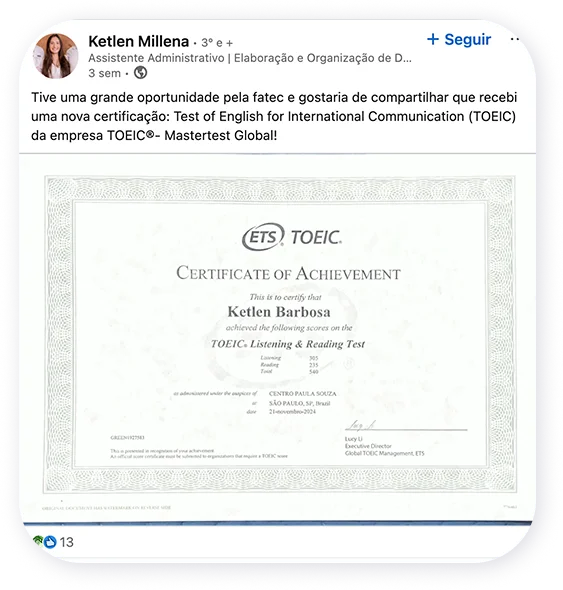 Repercussão do projeto TOEIC no Centro Paula Souza
