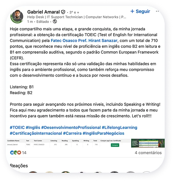 Repercussão do projeto TOEIC no Centro Paula Souza