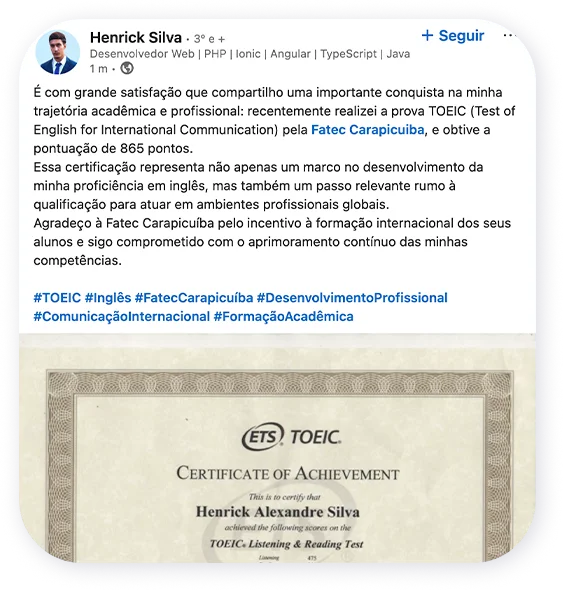 Repercussão do projeto TOEIC no Centro Paula Souza