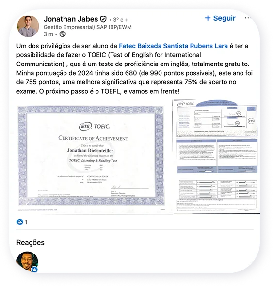 Repercussão do projeto TOEIC no Centro Paula Souza