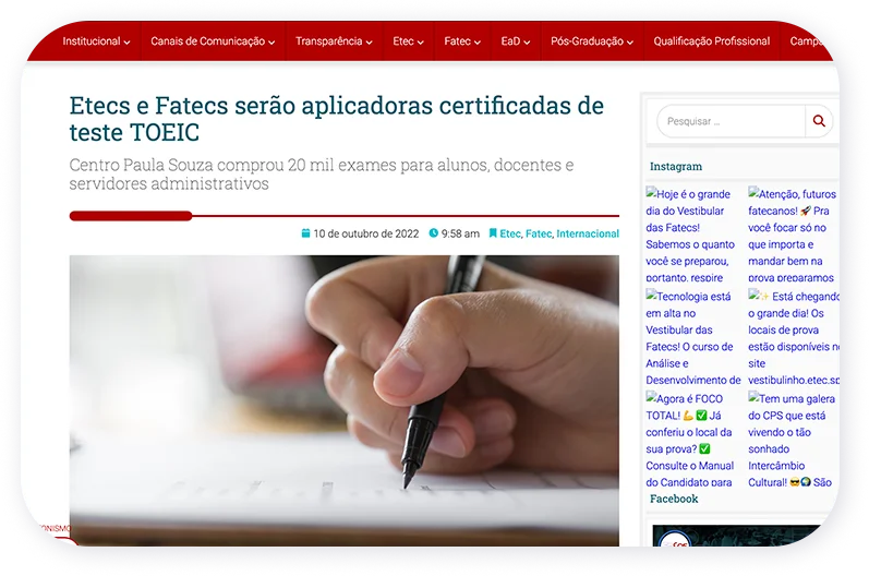 Matéria na imprensa sobre a parceria TOEIC e Centro Paula Souza