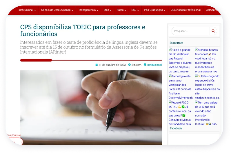 Matéria na imprensa sobre a parceria TOEIC e Centro Paula Souza